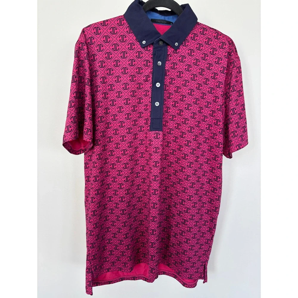 Greyson Mens Pink Navy Monogram Performance Polo Shirt Size M